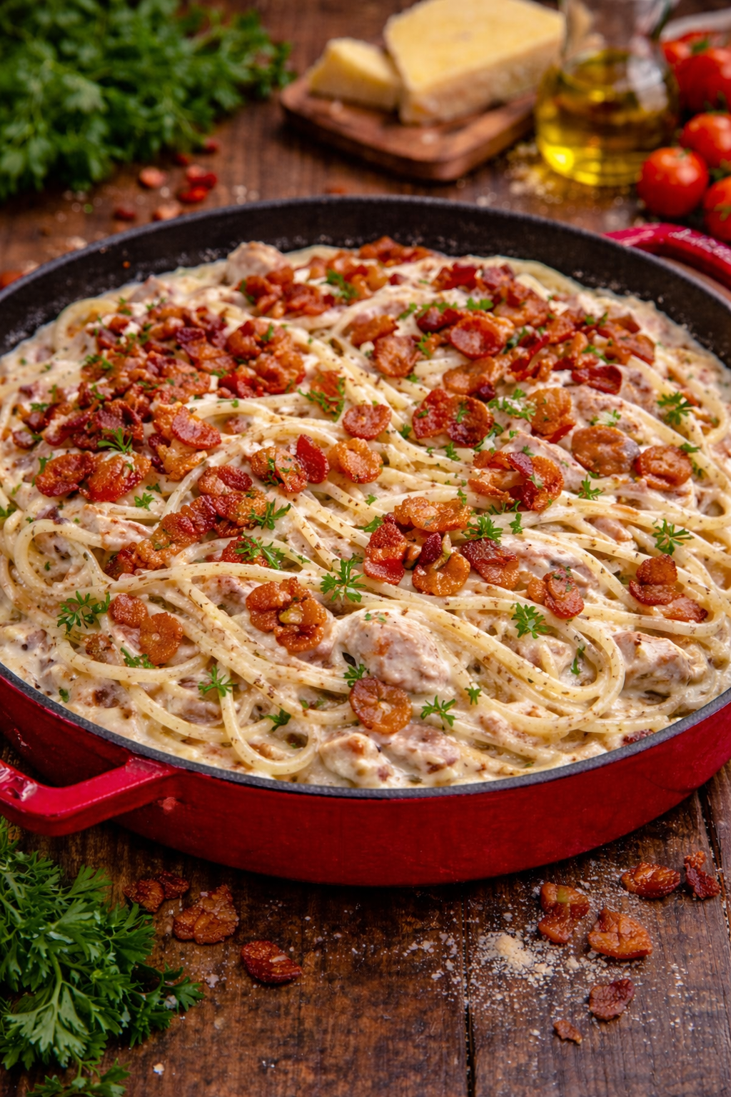 Creamy Bacon Carbonara with Chicken in a red skillet 