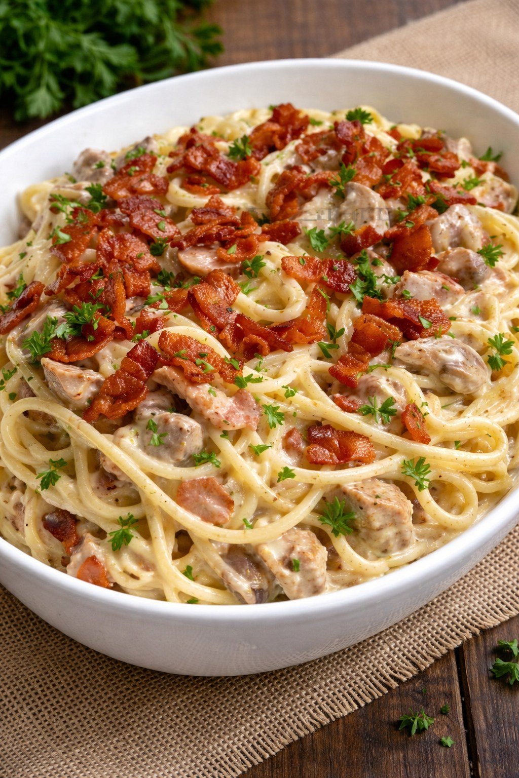 Creamy Bacon Carbonara with Chicken in a big white bowl 