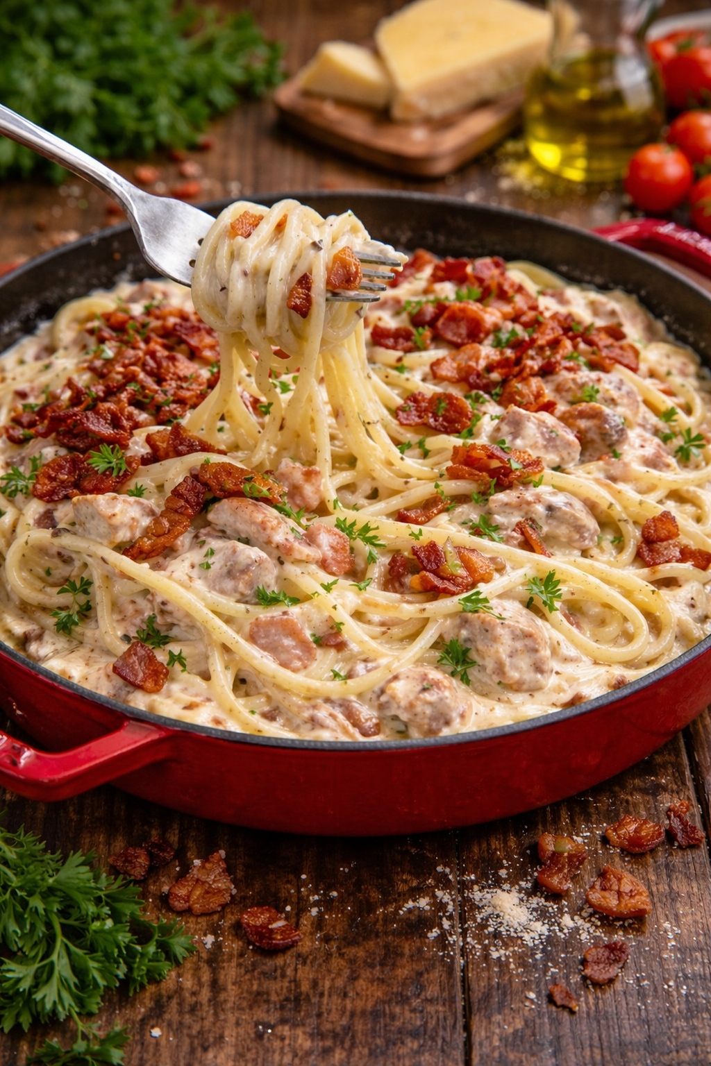 Creamy Bacon Carbonara with Chicken in a red skillet with a fork lifting up a bite 