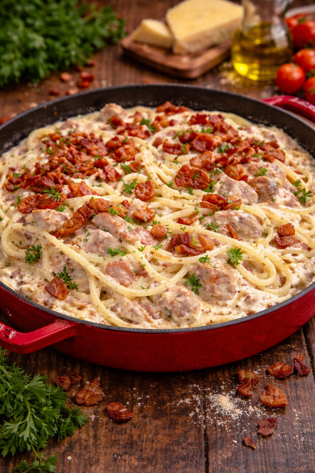 Creamy Bacon Carbonara with Chicken in a red skillet 