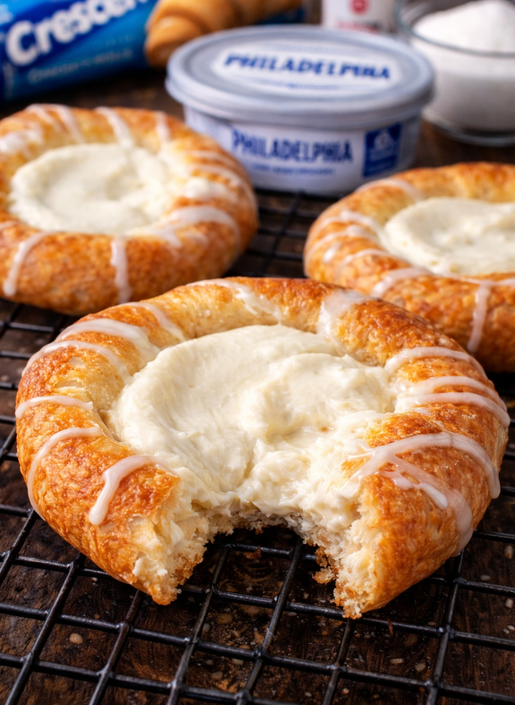 Crescent Roll Cheese Danishes on a wire cooling rack with ingredients behind them 