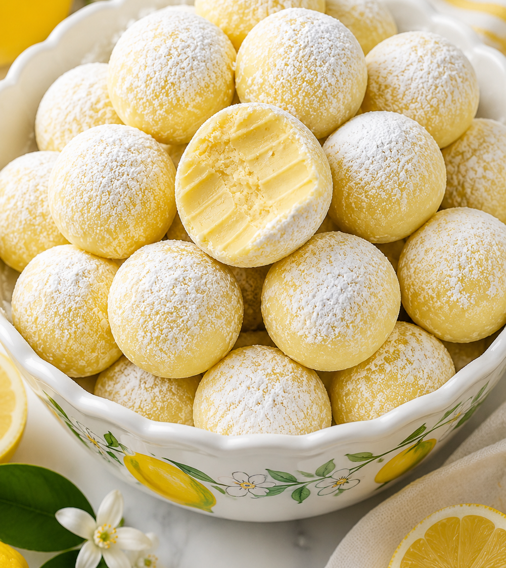 lemon printed bowl piled with White Chocolate Lemon Truffles with a bite missing from the center one 