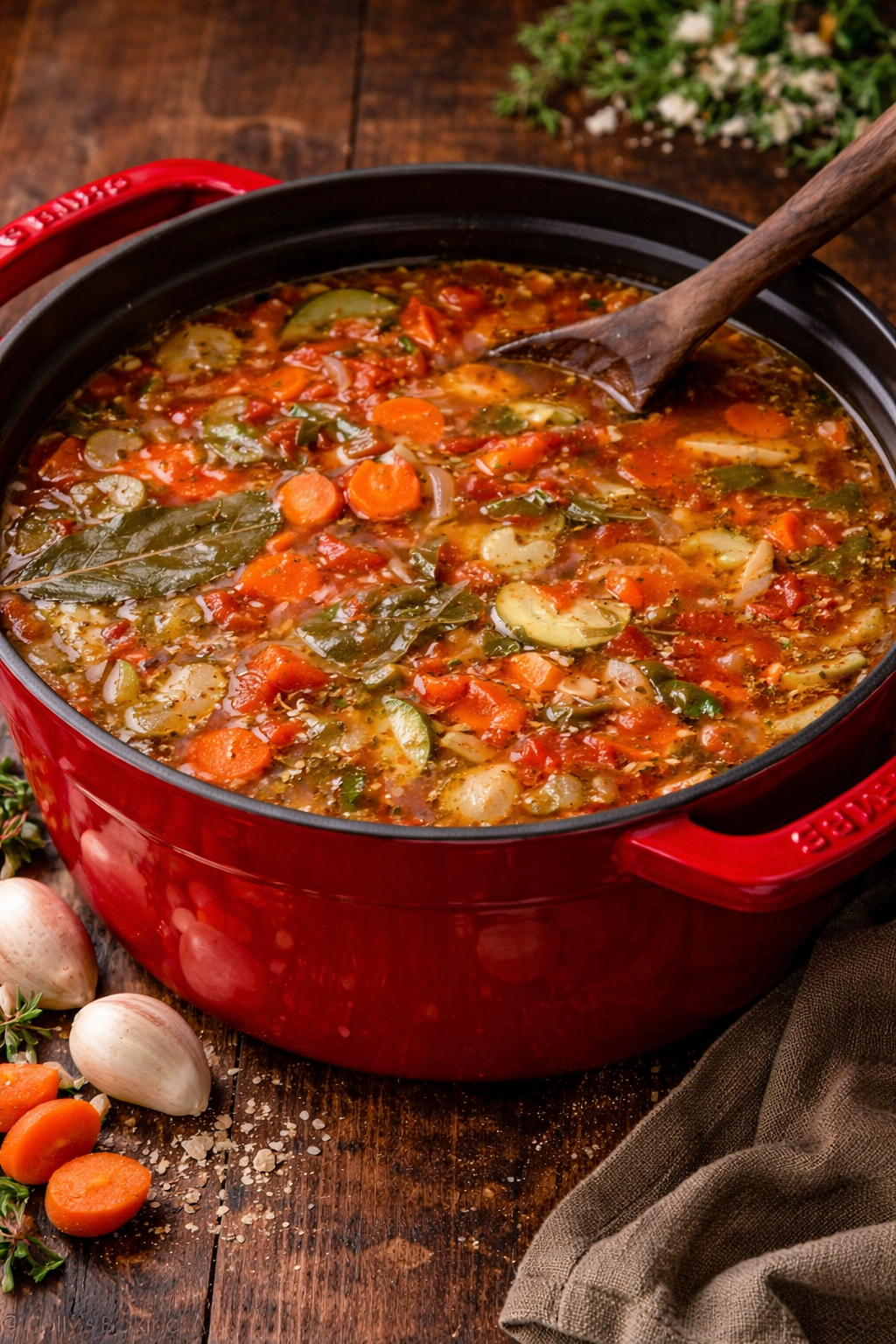Weight loss soup in a red dutch oven pot on a dark wood table with a wooden spoon in it 