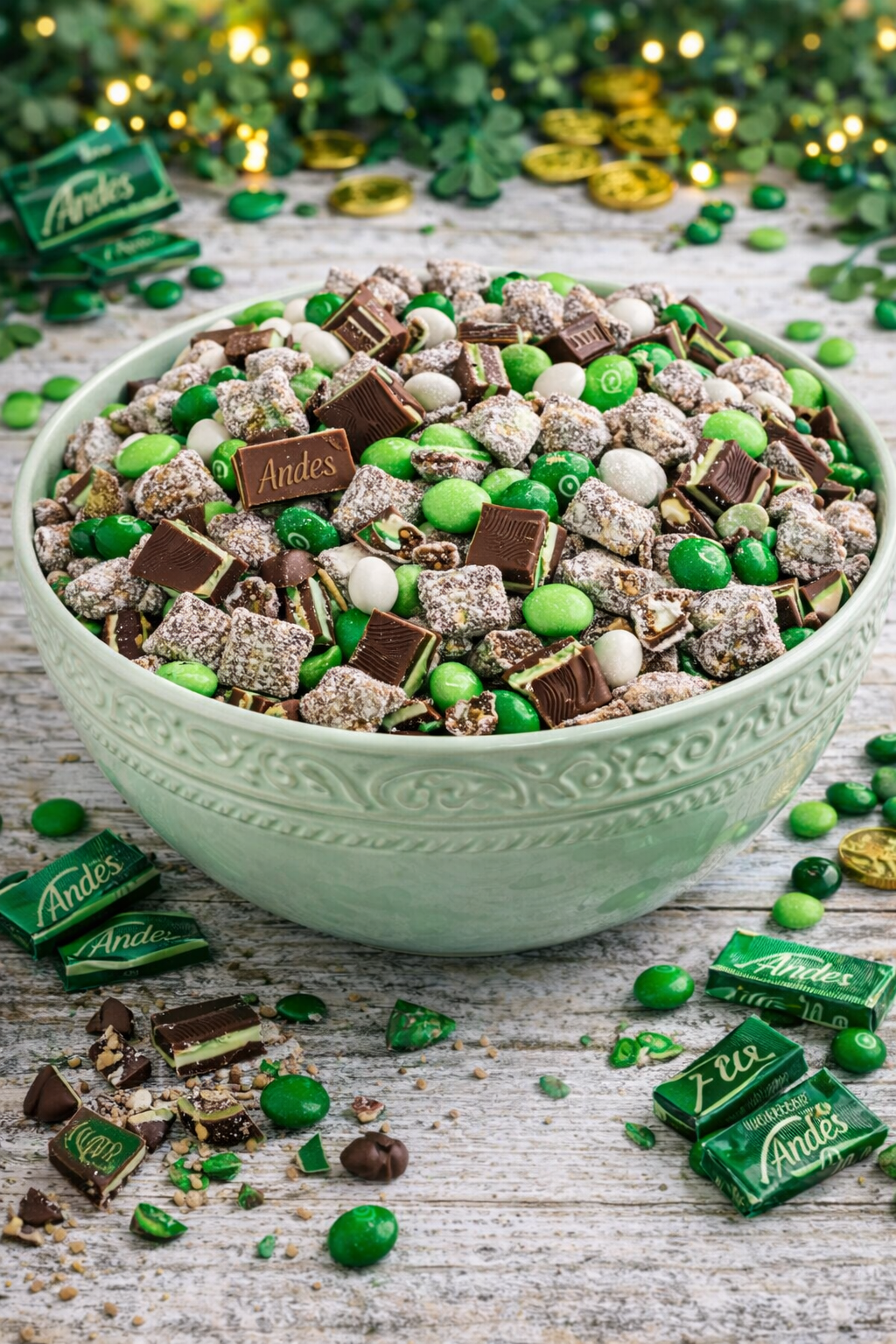 up close shot of Andes Mint Muddy Buddies in a pretty light green bowl on a whitewashed wood table 
