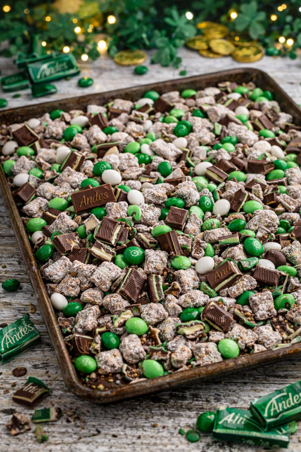 Andes Mint Muddy Buddies in a baking pan on a whitewashed wood table 