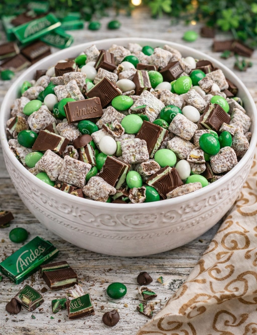 Andes Mint Muddy Buddies in a pretty white bowl on a whitewashed wood table 