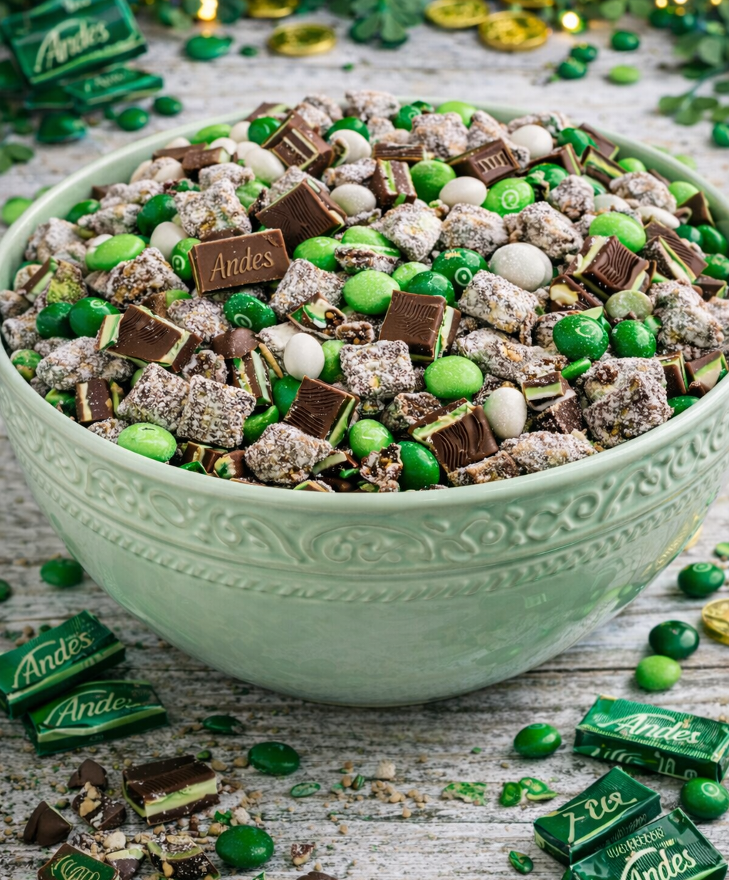 up close shot of Andes Mint Muddy Buddies in a pretty light green bowl on a whitewashed wood table 