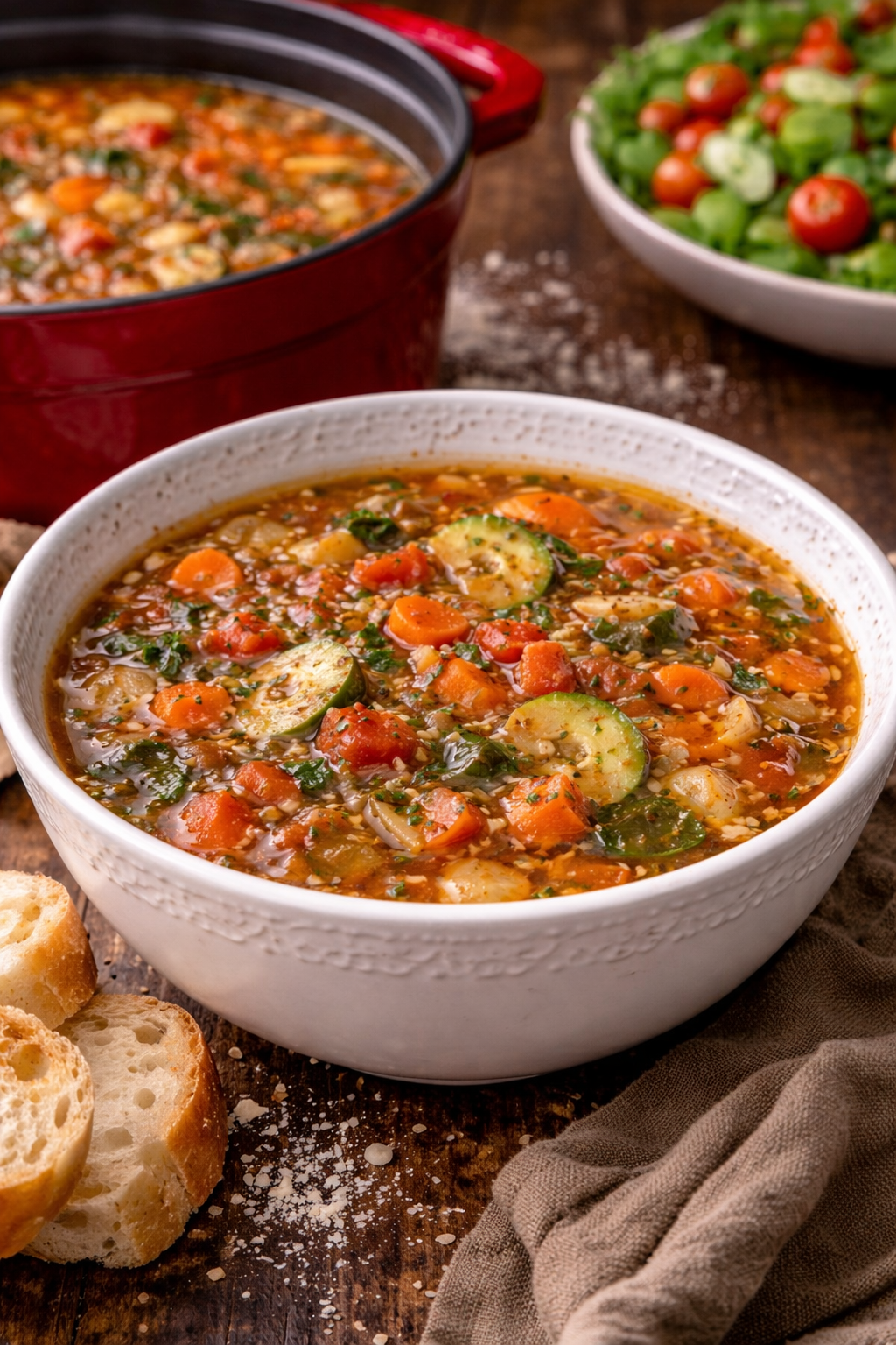 Weight loss soup in a white bowl on a dark wood table 