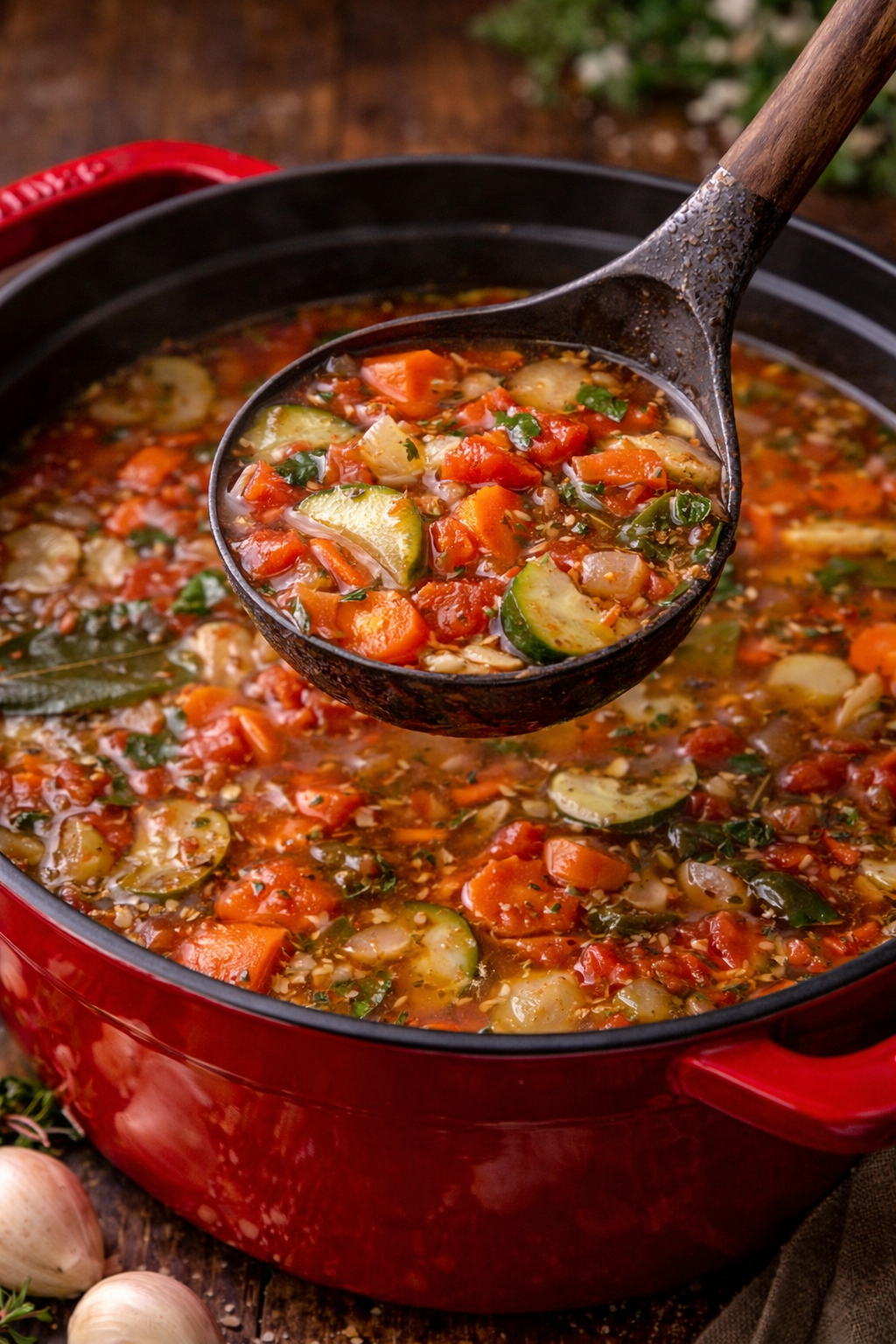Weight loss soup in a red dutch oven pot on a dark wood table 