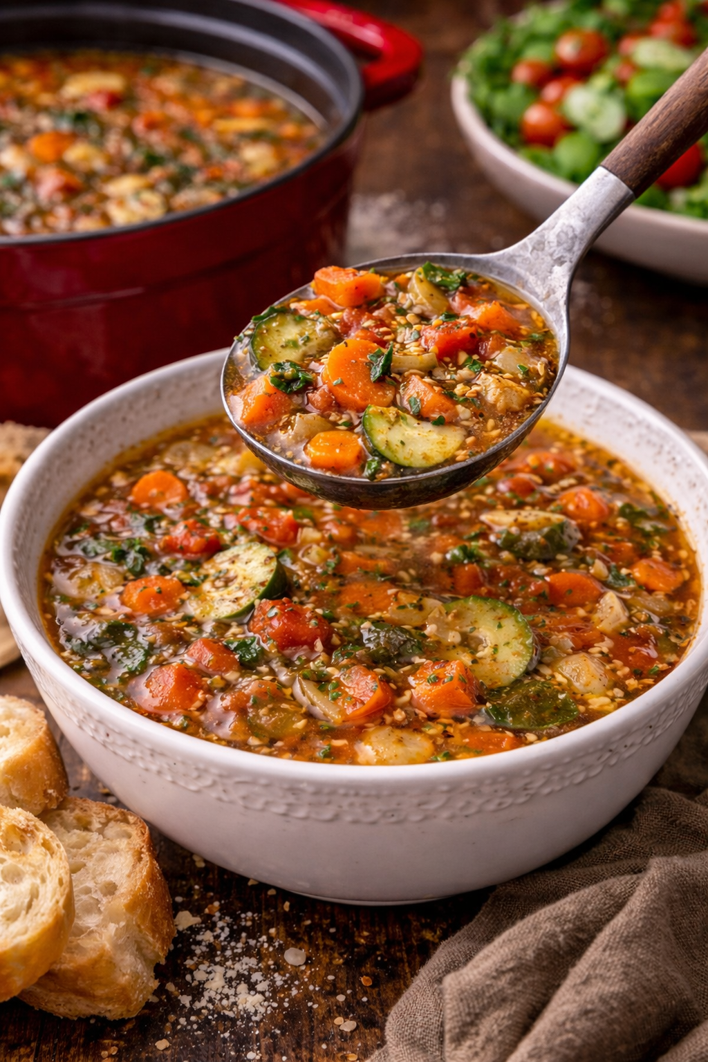 Weight loss soup in a white bowl on a dark wood table 
