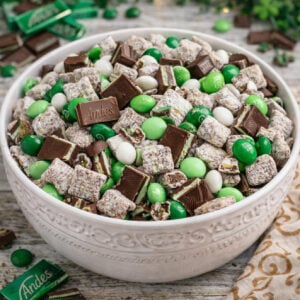 Andes Mint Muddy Buddies in a pretty white design bowl
