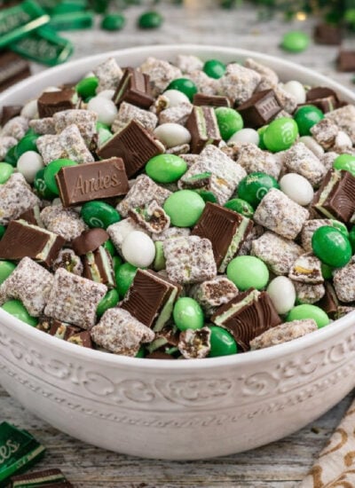 Andes Mint Muddy Buddies in a pretty white design bowl