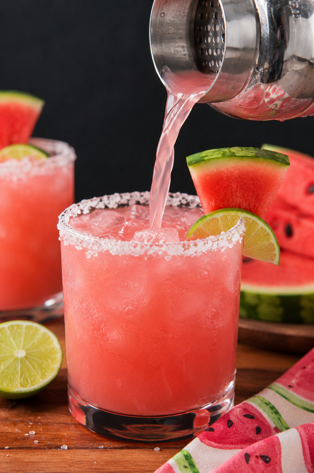 Watermelon Margarita ON A WOOD TABLE WITH A WATERMELON PRINTED NAPKIN TO THE SIDE 