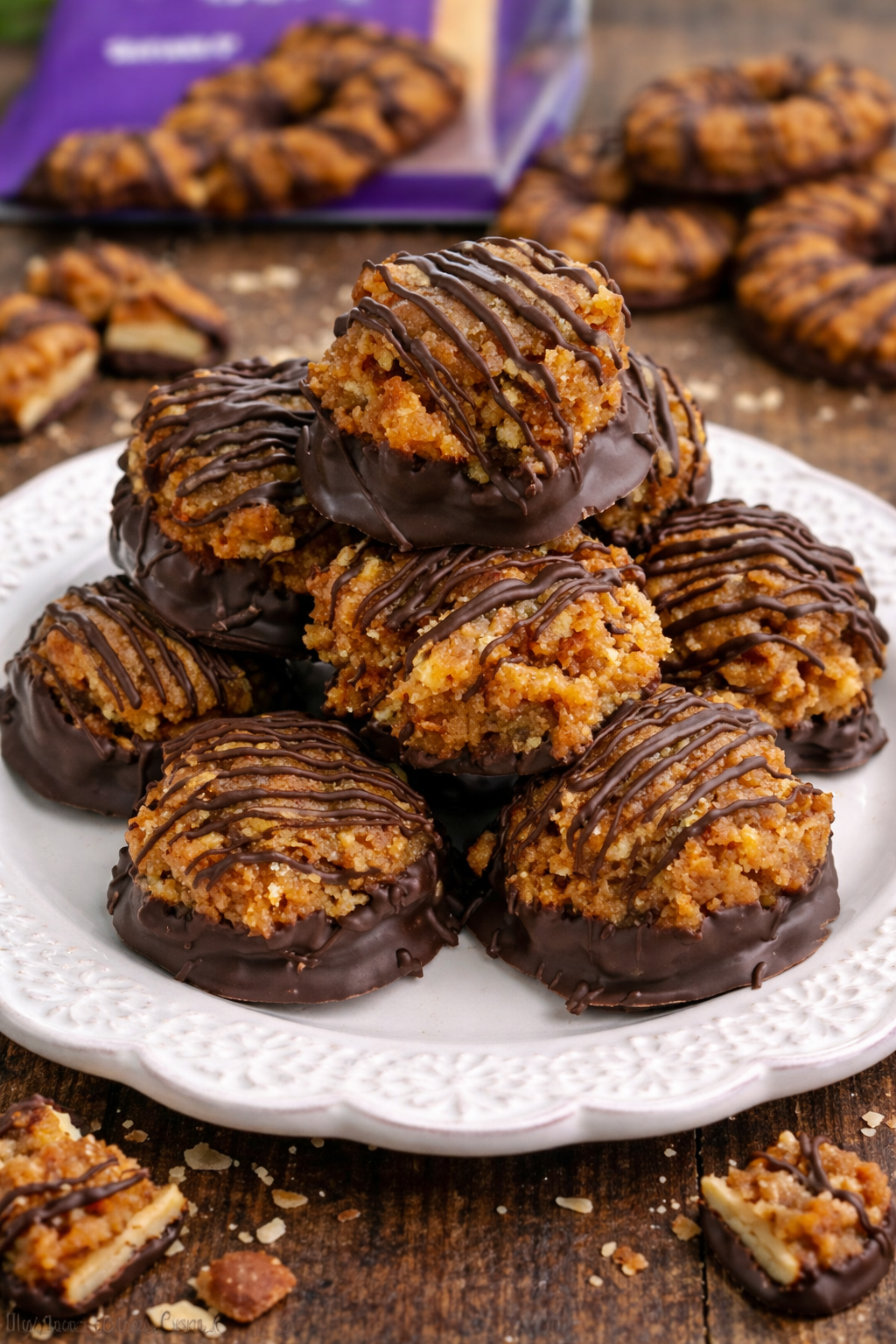 Samoa Bites on a white plate on a dark wood table 