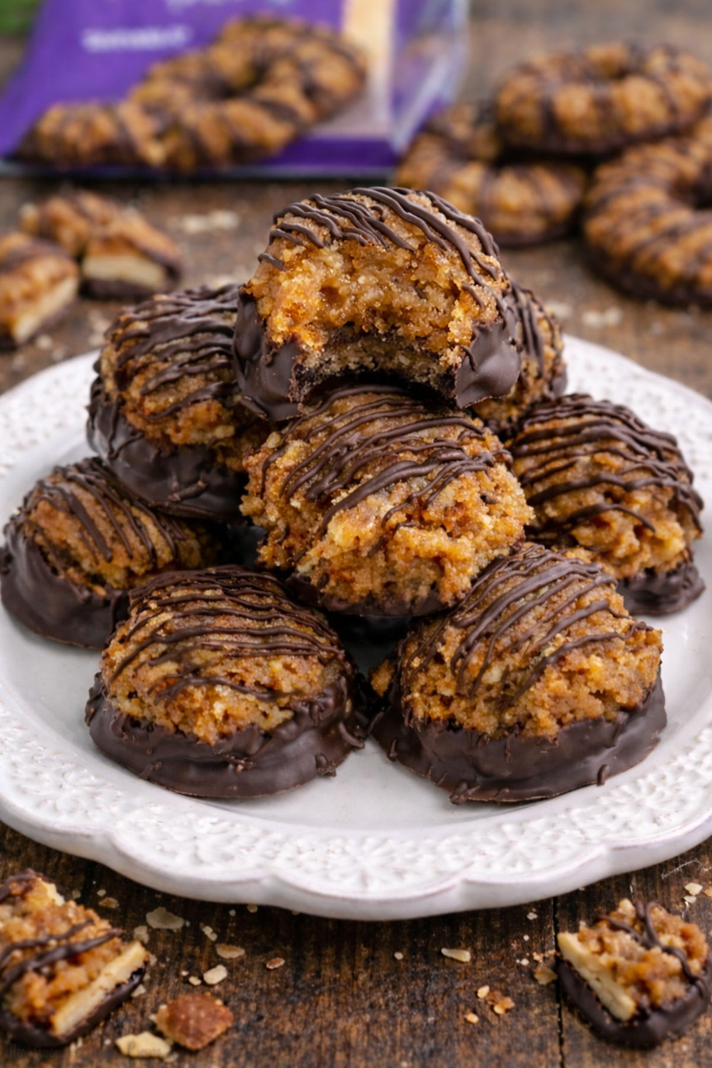 Samoa Bites on a white plate stacked