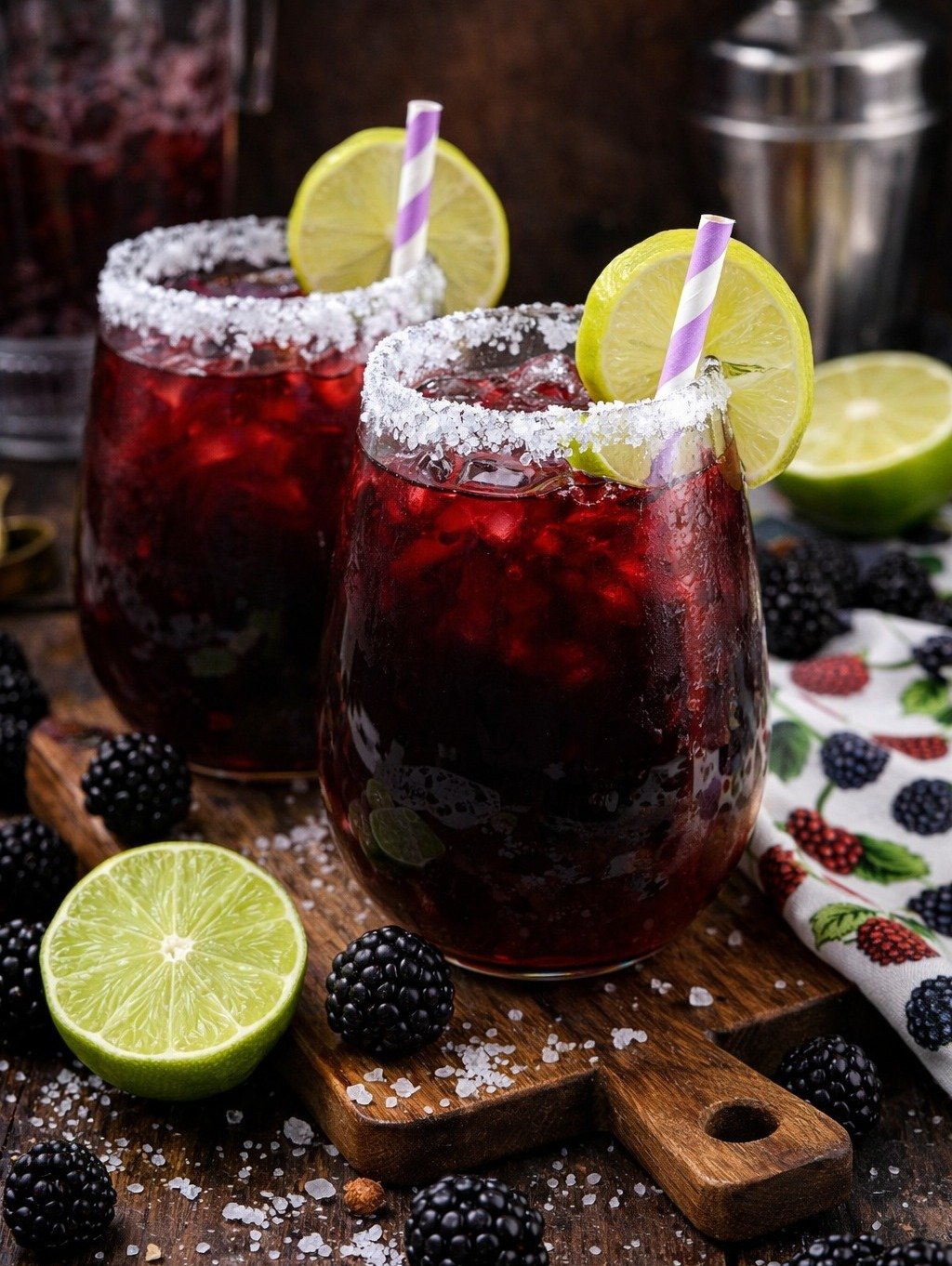Blackberry Margaritas on a dark wood cutting board with sliced limes 