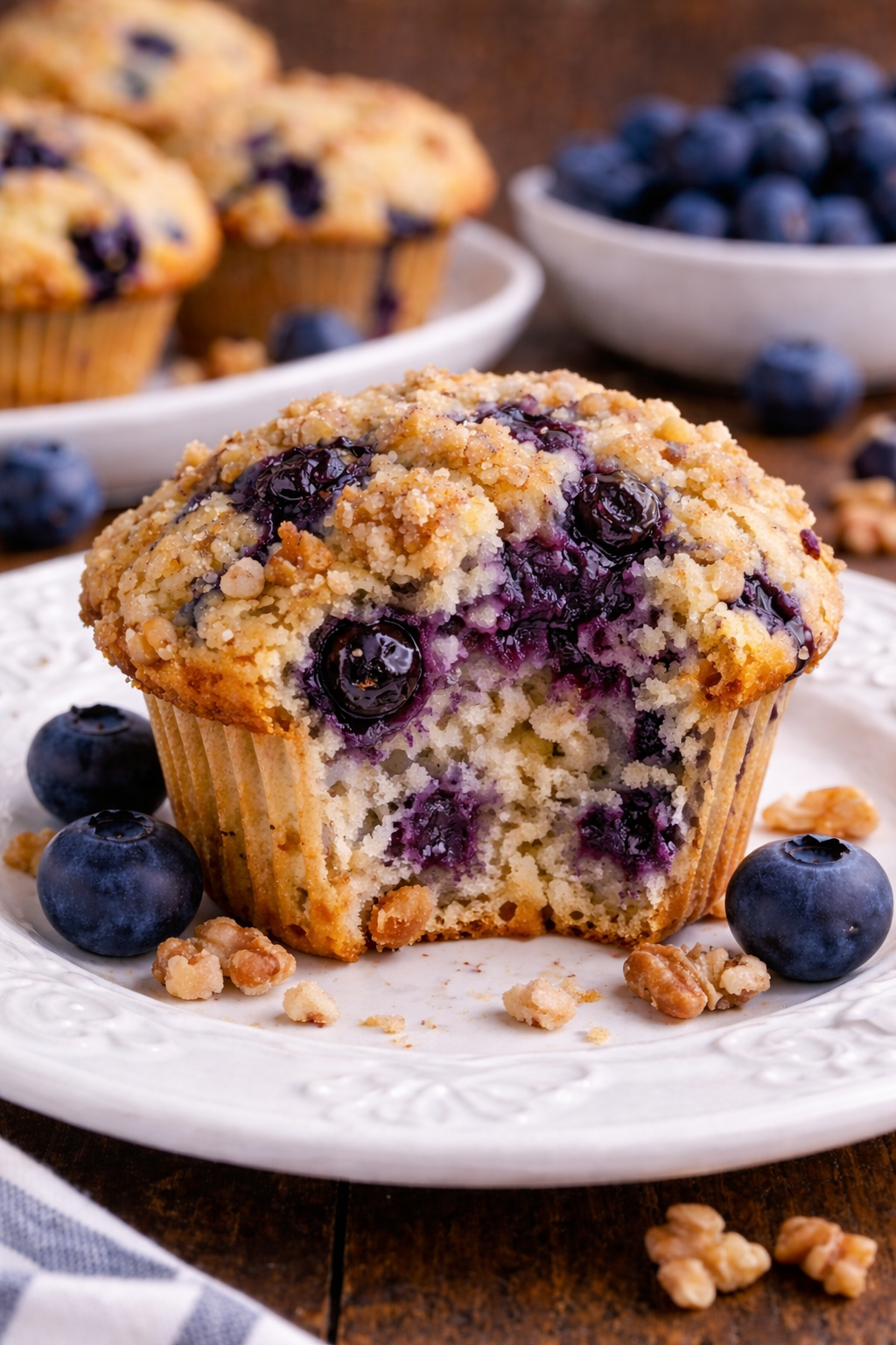 Blueberry Walnut Muffin on a pretty white plate with a bite missing 