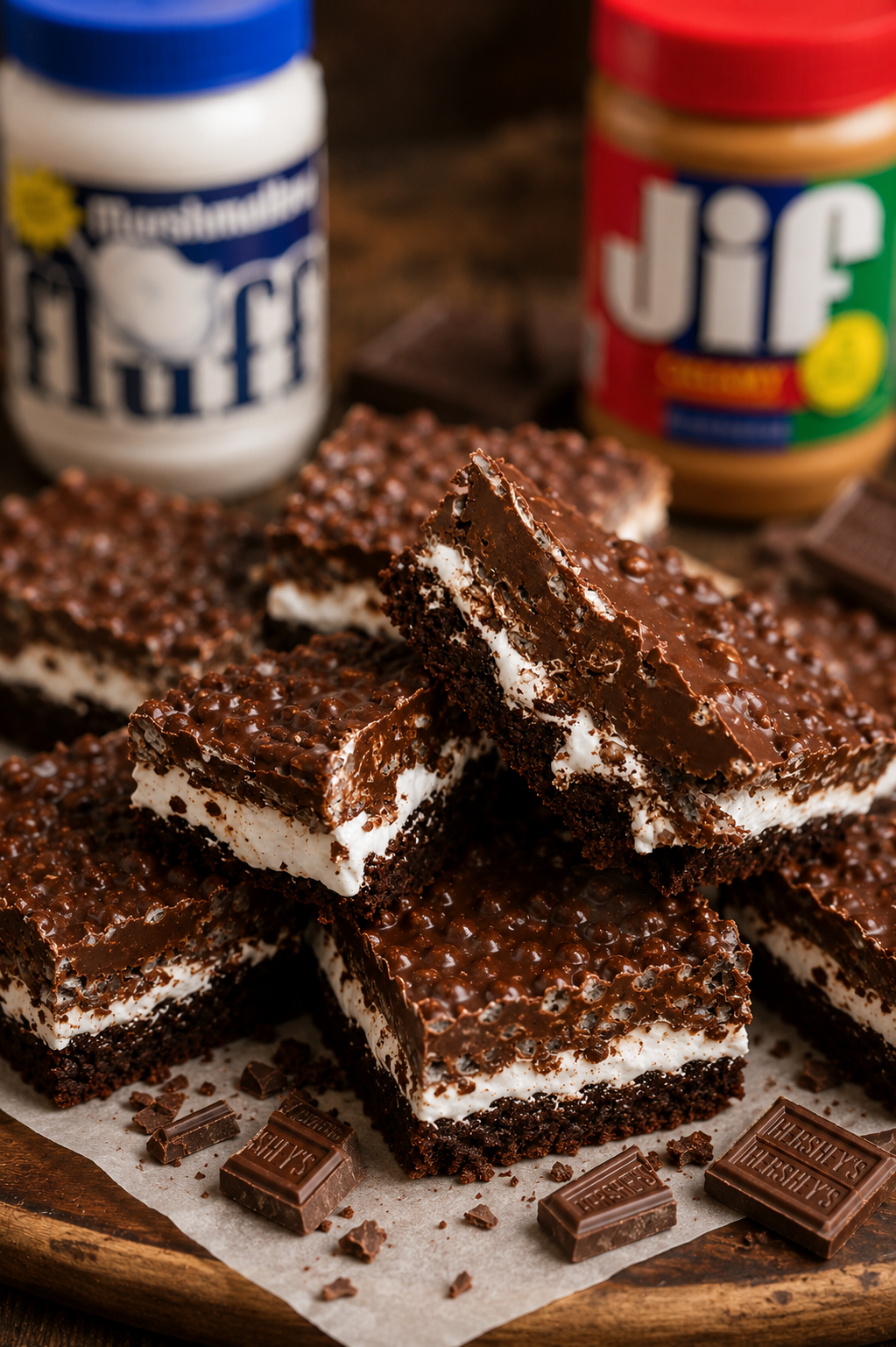 pile of Kentucky Krispy Brownie Marshmallow Bars with chocolate krispy topping