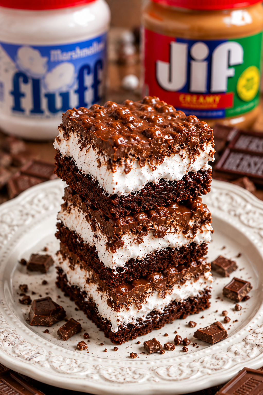 3 stacked Kentucky Krispy Brownie Marshmallow Bars with chocolate krispy topping