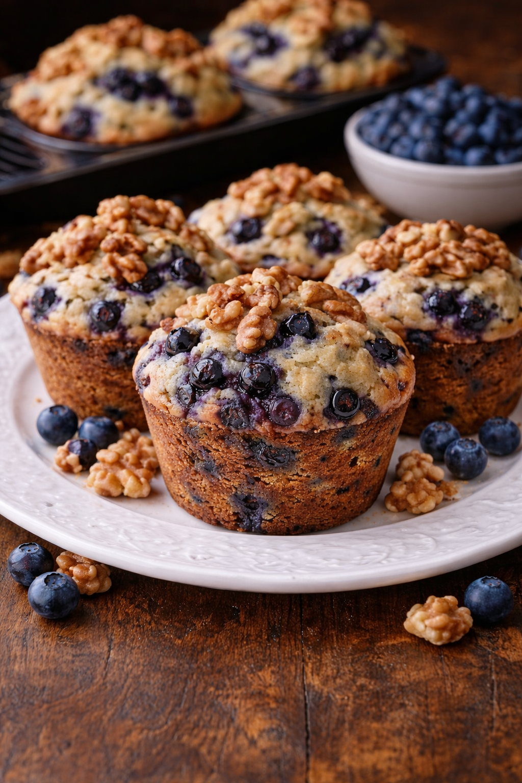 Blueberry Walnut Muffins  on a pretty white plate 
