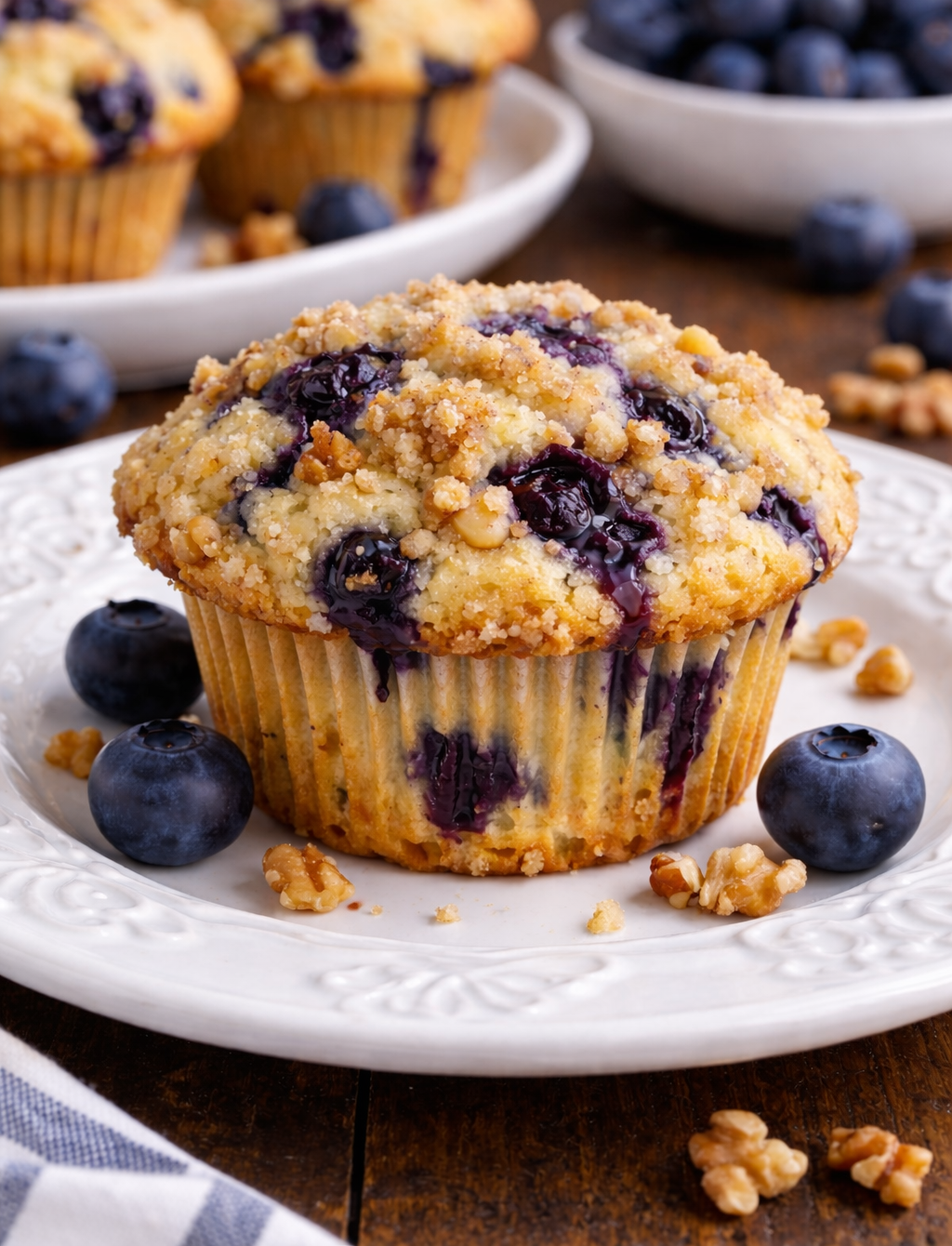 Blueberry Walnut Muffin on a pretty white plate 