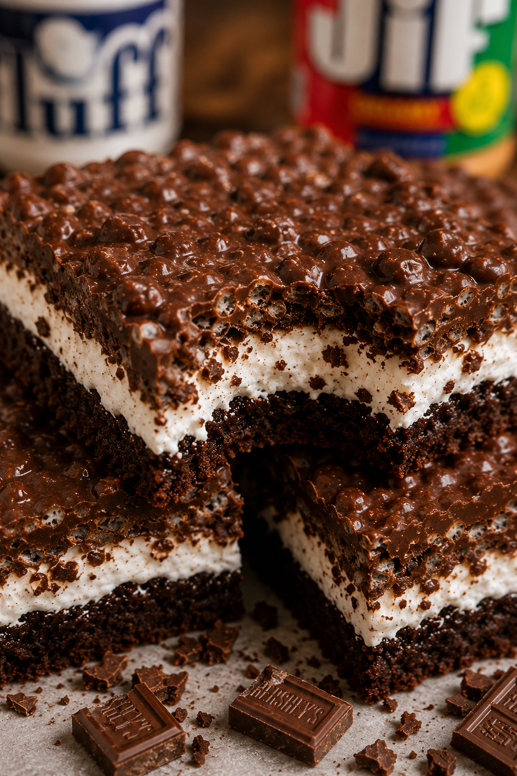 close up of a bite taken out of Kentucky Krispy Brownie Marshmallow Bars with chocolate krispy topping