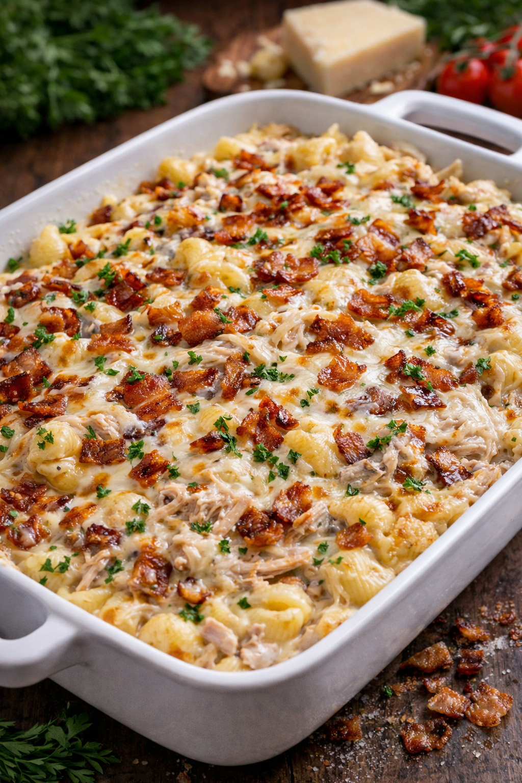 Chicken Bacon Ranch Casserole in a white casserole dish on a table 