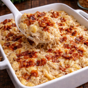 chicken bacon ranch casserole in a white baking dish