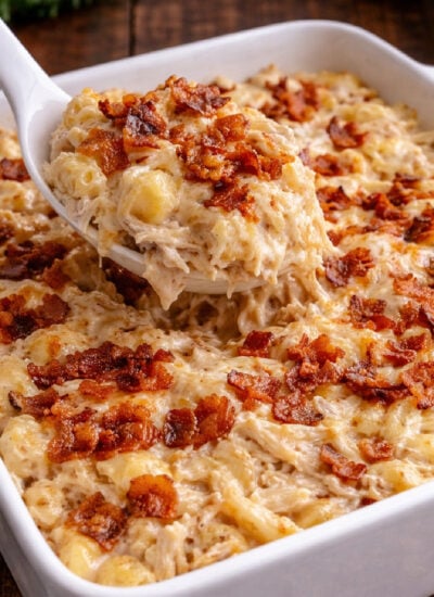 chicken bacon ranch casserole in a white baking dish