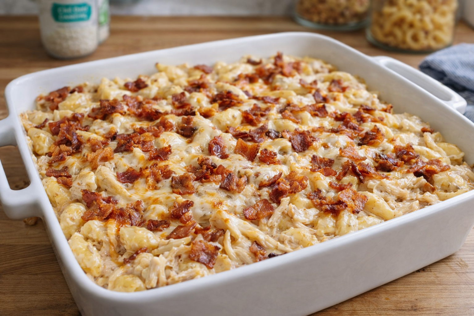 Chicken Bacon Ranch Casserole in a white casserole dish on a table 