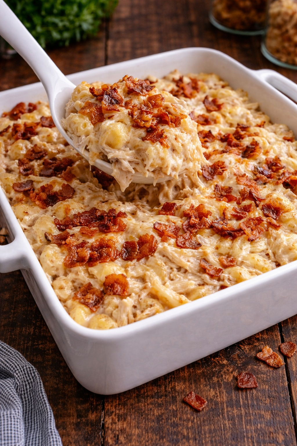 Chicken Bacon Ranch Casserole in a white casserole dish on a table 