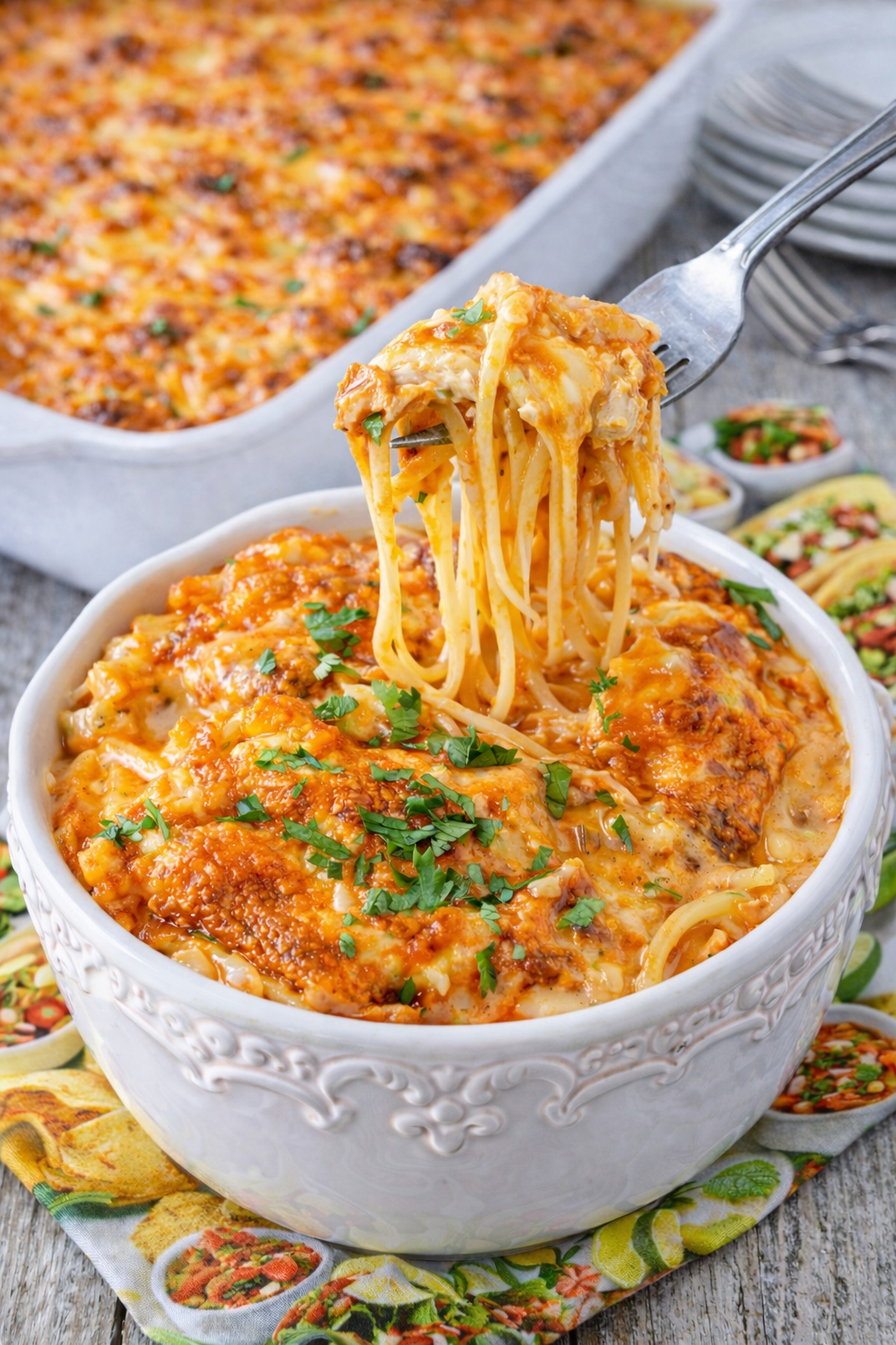 Cheesy Chicken Spaghetti in a white bowl with a fork lifting up a bite 