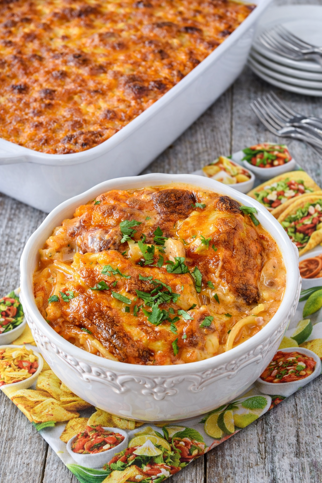 Cheesy Chicken Spaghetti in a white bowl on a white table 