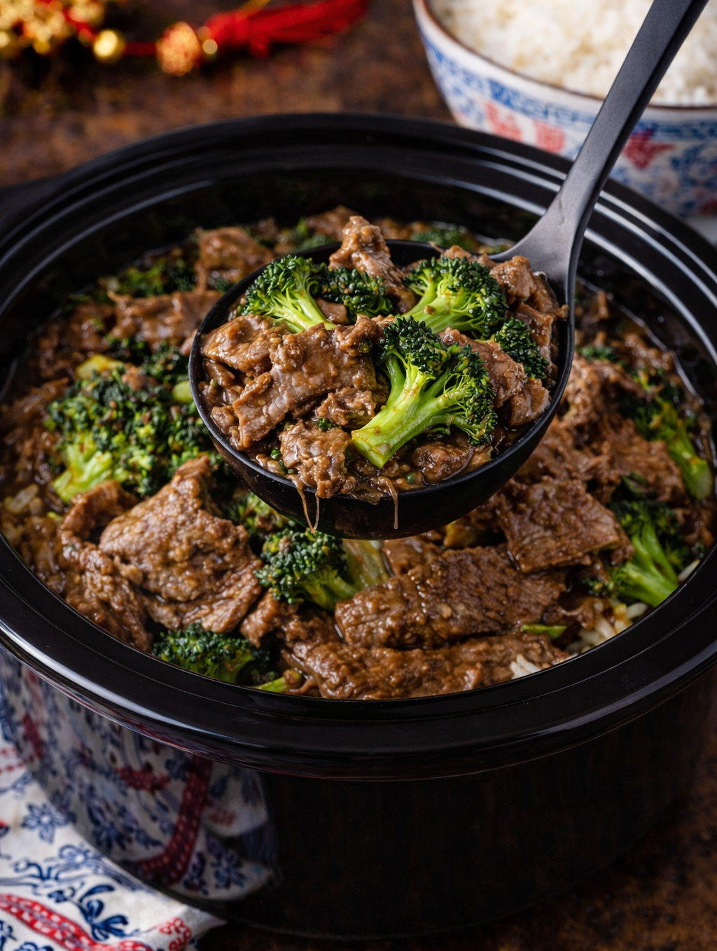 Slow Cooker Beef & Broccoli in a black slow cooker with a spoon lifting some up