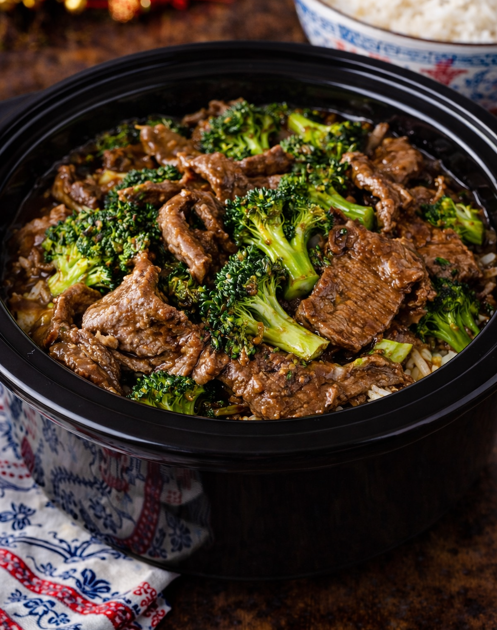 Slow Cooker Beef & Broccoli in a a black slow cooker 