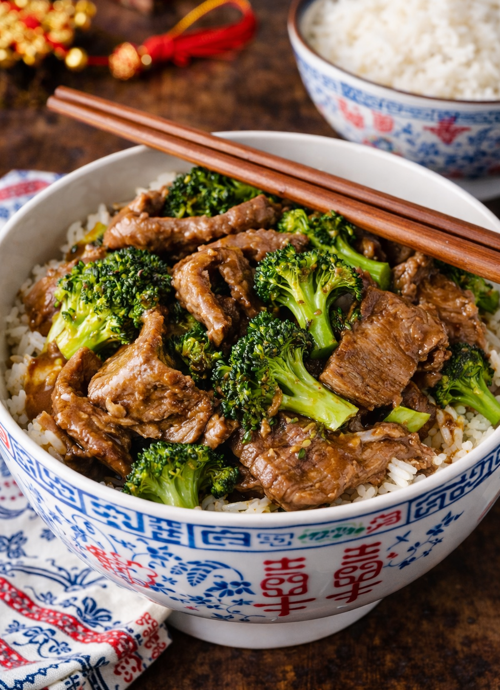 Slow Cooker Beef & Broccoli in a pretty chinese printed bowl 