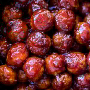 Sweet and Spicy meatballs in a slow cooker up close