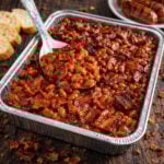 Brown Sugar Bacon Baked Beans (Best Ever) in a tin pan