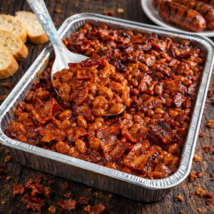 Brown Sugar Bacon Baked Beans (Best Ever) in a tin pan