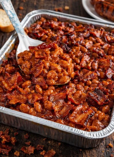 Brown Sugar Bacon Baked Beans (Best Ever) in a tin pan
