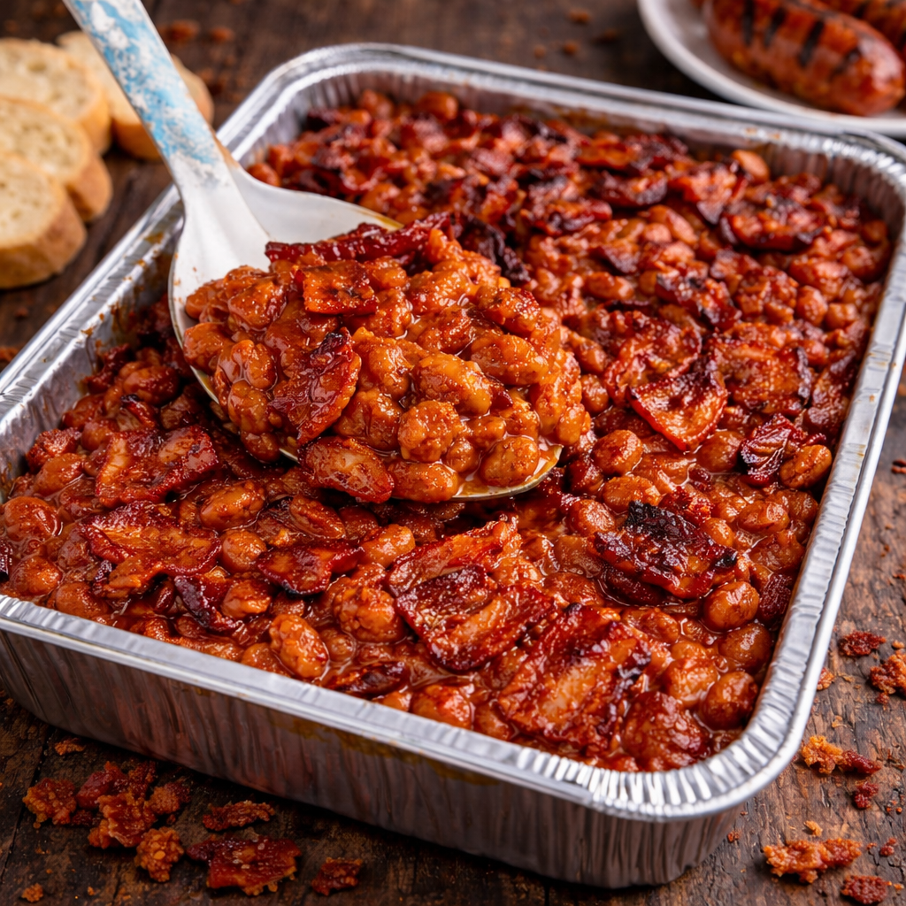 Brown Sugar Bacon Baked Beans (Best Ever) up close with a spoon lifting some up
