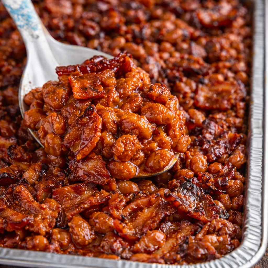 Brown Sugar Bacon Baked Beans (Best Ever) up close with a spoon lifting some up