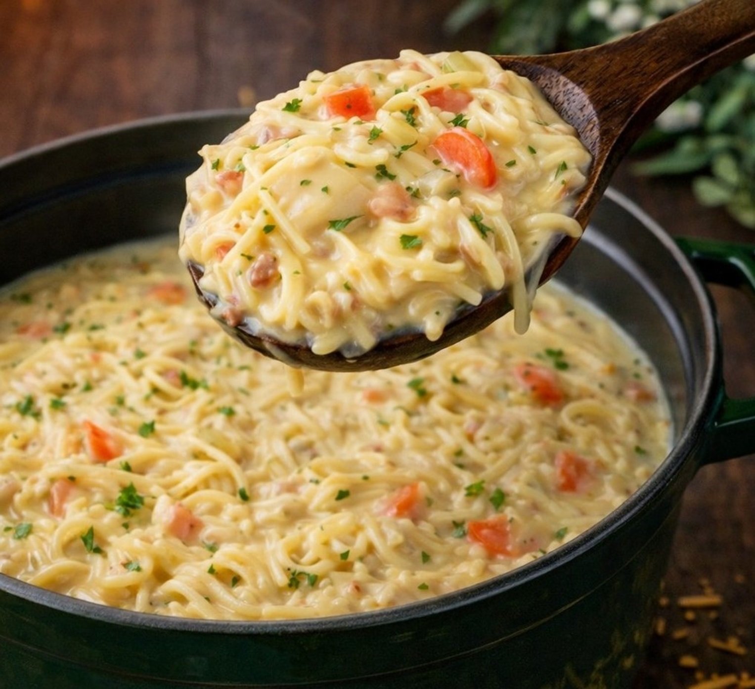 Crack Chicken Noodle Soup on a large pot on a table with a spoon lifting up a bite