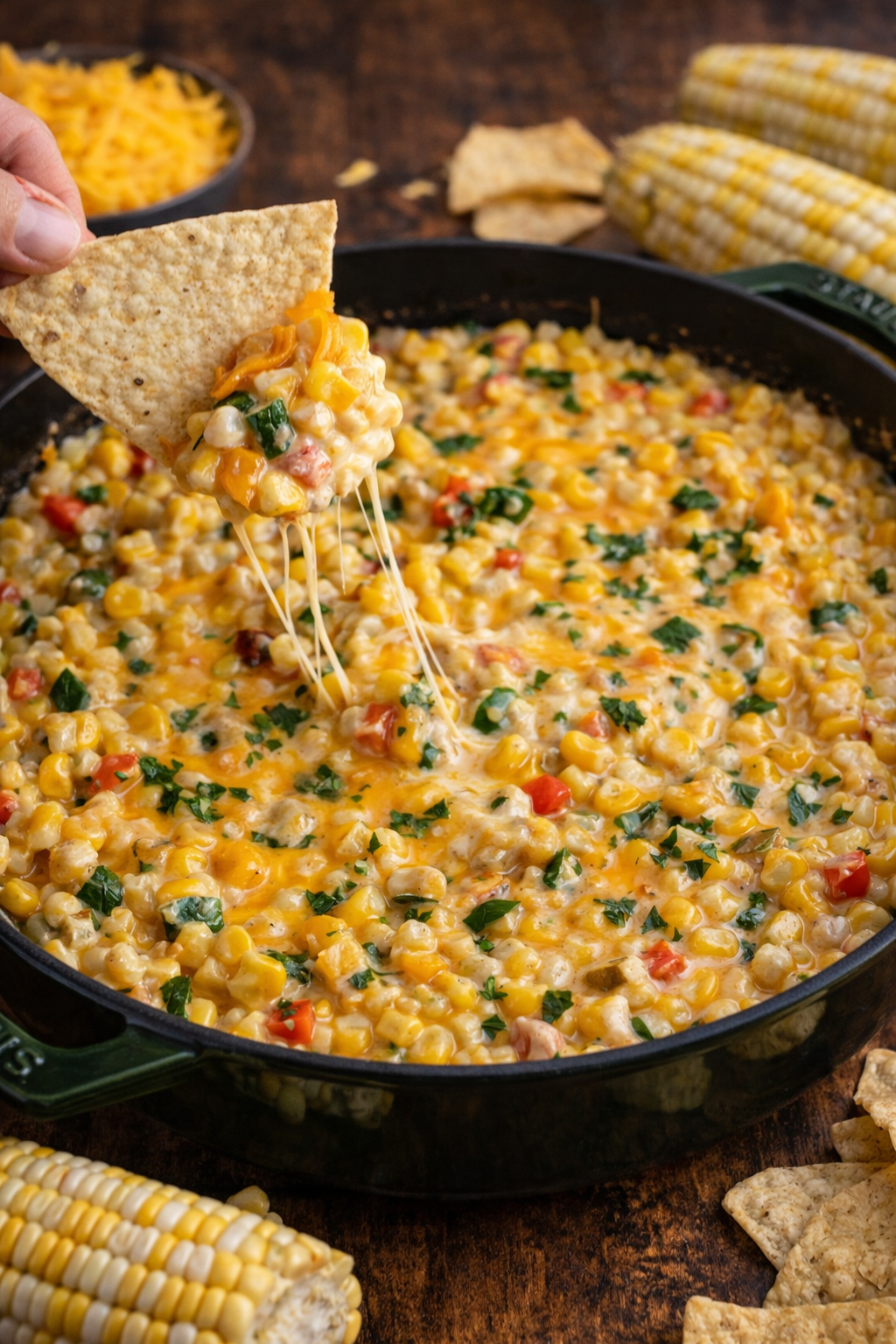 Creamy Cheesy Hot Corn Dip in a green skillet 