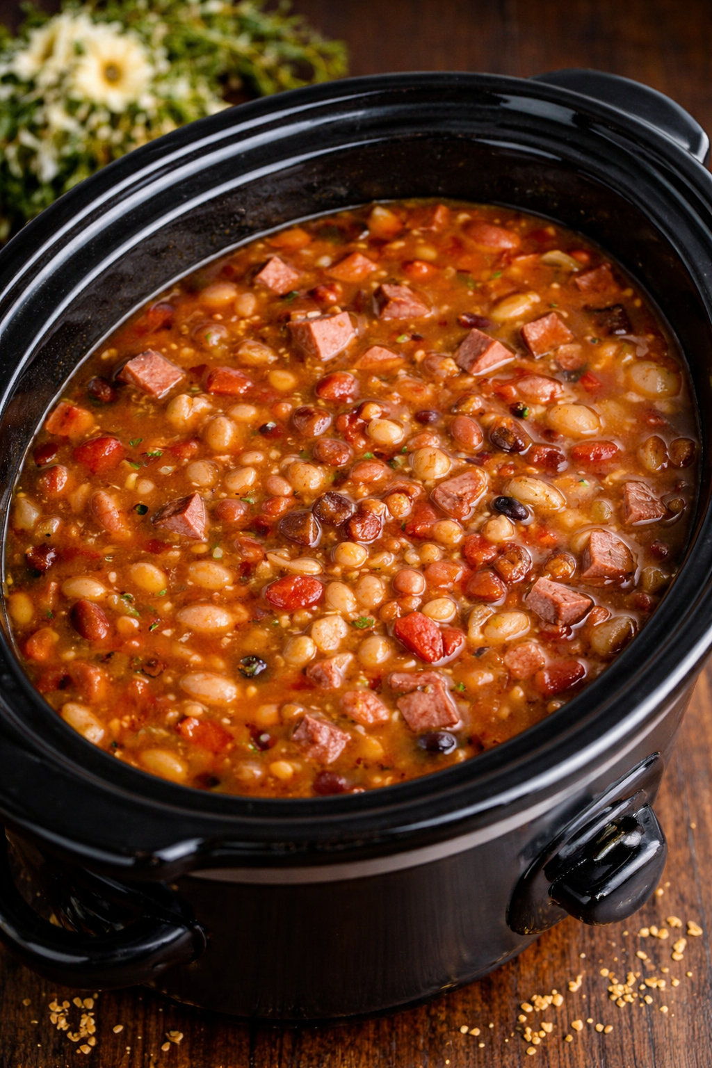 slow cooker ham and bean soup in a black slow cooker