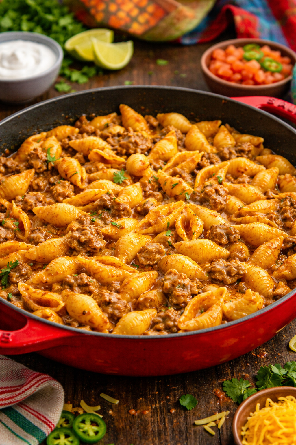 Cheesy Taco Pasta Shells in a red pan 