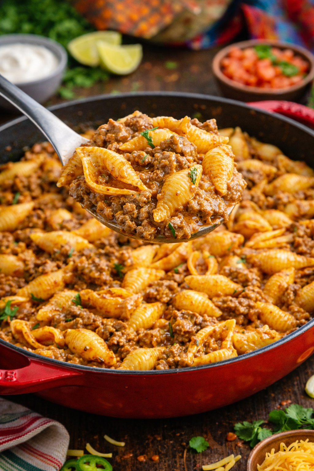 Cheesy Taco Pasta Shells in a red pan with a spoon lifting up a bite 