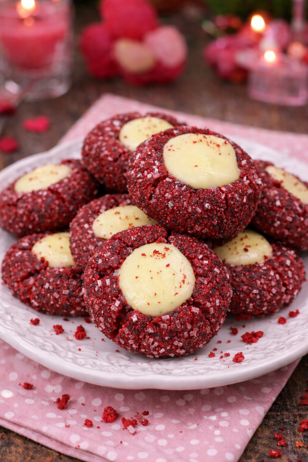 Red Velvet Cheesecake Thumbprint Cookies piled on a white plate 