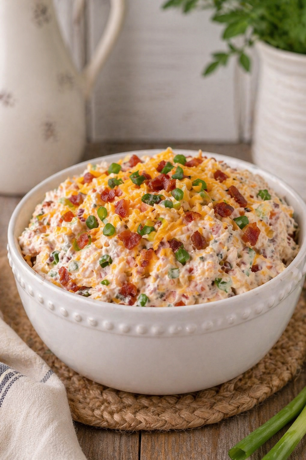 Creamy Million Dollar Dip in a white farmhouse bowl, topped with crispy bacon, shredded cheddar cheese, and green onions, served on a rustic wooden table with cozy farmhouse decor.