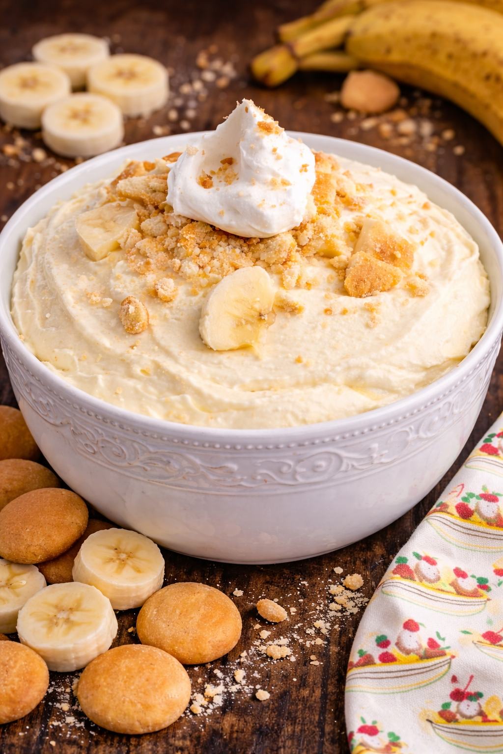 No Bake Banana Cream Pie Dip in a pretty white bowl on a dark wood table 